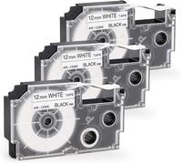 étiquettes compatible pour Casio XR-12WE XR-12WE1 Ruban 12mm x 8m, pour Casio KL-60 70e 100 100e 120 200E 300 750 780 820 2000 7000 7200 8100 Etiqueteuses, Noir sur Blanc, Pack de 3