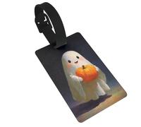 Étiquettes de bagage avec fantôme souriant tenant une citrouille d'Halloween, idéales pour les sacs à dos de voyage, croisière, sac à dos