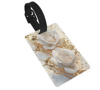 Étiquettes de bagage avec liquide doré autour de deux roses blanches, idéales pour les sacs à dos de voyage, croisière, sac à dos