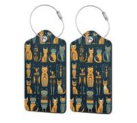 Étiquettes de bagage en cuir avec protection de confidentialité - Motif chats amusants, mythologie égyptienne, porte-badge vintage en acier inoxydable pour valise, sac de voyage, porte-documents, 11,7