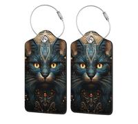 Étiquettes de bagage en cuir avec protection de confidentialité - Mythologie égyptienne, chat mystérieux, câble en acier inoxydable doré, pour valise, sac de voyage, porte-documents, 11,7 x 7,4 cm