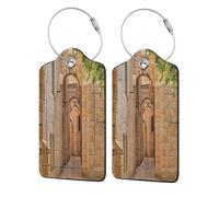 Étiquettes de bagage en cuir avec rabat d'intimité, 1 étiquette d'identification de voyage, rues d'architecture, maisons, porte-badge étanche avec boucle pour identification des bagages