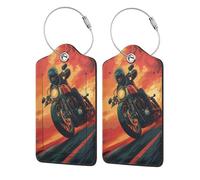 Étiquettes de bagage en cuir « Motorcycle Passionate in Golden Hour » avec protection de confidentialité et boucle en acier inoxydable pour voyage, 2 pièces