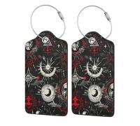 Étiquettes de bagage en cuir noir avec protection de confidentialité, motif crâne occulte, magie alchimique, géométrie sacrée - Porte-badge en acier inoxydable pour valise, sac de voyage, porte-docume