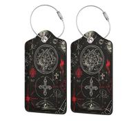 Étiquettes de bagage en cuir noir avec protection de confidentialité, motif horreur alchimique occulte et géométrie sacrée - Porte-badge en acier inoxydable pour valise, sac de voyage, porte-documents