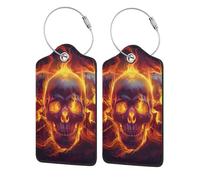 Étiquettes de bagage en cuir rouge et noir avec protection de confidentialité, motif crânes, flammes brûlantes, démon du feu, enfer - Porte-badge en acier inoxydable pour valise, sac de voyage, porte-