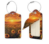 Étiquettes de bagage en cuir synthétique avec dos intégral, motif champ de tournesol, coucher de soleil, mer de fleurs, étiquettes de voyage avec boucle en métal, noir, 1
