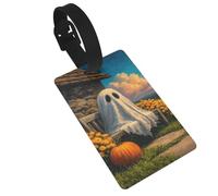 Étiquettes de bagage en forme de fantôme mignon dans un porche en forme de citrouille d'Halloween, idéales pour les sacs à dos de voyage et de croisière