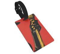 Étiquettes de bagage vintage avec mains de sorcière tenant un balai, idéal pour les sacs à dos de voyage et de croisière