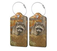 Étiquettes de bagages en cuir rustiques d'automne avec motif raton laveur sur botte de foin, avec protection de confidentialité et boucle en acier inoxydable pour les voyages 1