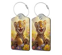 Étiquettes de bagages en forme de tigre mignon dans un champ fleuri pour valises, avec protection de confidentialité, étiquette d'adresse et anneau en métal, sacs de voyage, 1 pièce