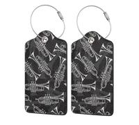 Étiquettes de bagages, étiquette de boucle en cuir et acier inoxydable, étiquette de nom, étiquette de bagage pour valises,Trompettes de croquis noir et blanc