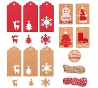 Étiquettes de Cadeaux de Noël, MonQi 220pcs Étiquettes en Papier Kraft de Noël avec 10m de Ficelle Rouge et 20m Ficelle de Jute, 6 Styles de Motifs Creux et 5 Styles de Motifs Imprimés de Noël