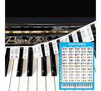 Étiquettes de notes de clavier de piano amovibles colorées avec poster de tableau d'accords de piano, guide d'autocollants en silicone pour débutants, réutilisable, 88 touches pleine taille pour notes