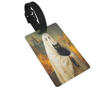 Étiquettes d'identification pour bagages avec motif fantôme blanc tenant un chat noir pour église et cimetière, idéal pour les sacs à dos de voyage, croisière, sac à dos