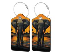 Étiquettes en cuir et acier inoxydable à motif d'éléphant majestueux se promenant au coucher du soleil, personnalisées pour femmes, hommes et enfants 1