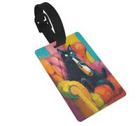 Étiquettes fantaisie en forme de chat noir buvant sur un fauteuil, idéales pour les sacs à dos de voyage et de croisière