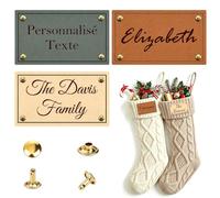 Étiquettes Personnalisées en Cuir pour Chaussettes de Noël avec Rivets | Écussons Nominatifs Gravés, Texte et Icône pour Bas, Tricot, Écharpes, Décoration de Cheminée, Cadeau Famille