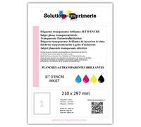 Etiquettes polyester transparentes brillantes pour imprimante jet d’encre - 210 x 297 mm - Lot de 200 planches de 1 étiquette