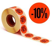 Étiquettes Promotionnelles « -10% » I Stickers Pour Marchandises À Prix Réduit I Lot De 1.000 Autocollants De Rabais En Rouge Vif I Adhésifs Permanents, Ronds, Ø 32mm