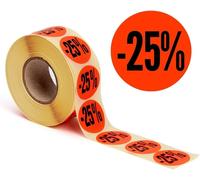 Étiquettes Promotionnelles « -25% » I Stickers Pour Marchandises À Prix Réduit I Lot De 1.000 Autocollants De Rabais En Rouge Vif I Adhésifs Permanents, Ronds, Ø 32mm