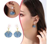 Étoile de Mer et Coquillage en Cuivre tendance, boucles d'oreilles de tempérament pour femmes, boucles d'oreilles à aiguille en argent S925 à Crochet (Blue, 3X1. 7CM)