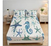 Étoile De Mer Hippocampe Drap Housse Microfibre 180x200x30cm Housse De Matelas 30 Cm Profondeur pour Matelas épais, Thème De L'Océan Draps Housses Doux, Bleu-Vert