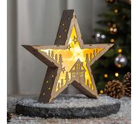 Étoile de Noël en bois avec maison et arbres - 10 LED (motif 2)