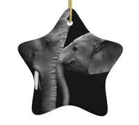Étoile de Noël noire et blanche en céramique imprimée des deux éléphants - Décoration festive à suspendre avec ficelle dorée