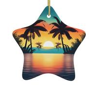 Étoile décorative à suspendre en céramique pour sapin de Noël WHJHBD coucher de soleil océan avec palmiers tropicaux crépuscule facile à accrocher pour fête de vacances 7,9 x 7,9 cm