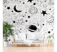 Étoile Noire et Blanche Papier Peint Panoramique, Univers Planète Tapisserie Murales Papier Peint, Ciel Étoilé dessiné à la Main Wallpaper Intissé Salon Cuisine, Décoration Murale 250 x 175 cm