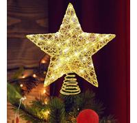Etoile Sapin de Noel, Topper Métal Design Gletterez 10 LED Lights Cime d'arbre de Noël, Étoile Pointes de Sapin Creux, Décoration de Noël Pentagramme, Star Treetop, Doré
