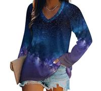 Étoiles La Voie Lactée Haut Femme Grande Taille, Top Femme Imprimé - Ciel Étoilé Magique T-Shirt À Manches Longues Et Col en V, Doux Et Confortable, Manches Longues Basiques Bleu Foncé XL