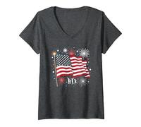 Étoiles, Rayures et cierges Magiques T-Shirt avec Col en V, Femme, Chiné Foncé, M