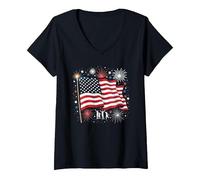 Étoiles, Rayures et cierges Magiques T-Shirt avec Col en V, Femme, Noir, M
