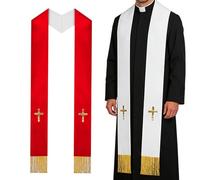 Étole de prêtre - Avec pompons brodés double face - Fournitures d'église - Unisexe - Pour cérémonie de mariage, funéraire, confirmation, rouge/blanc, Refer to description