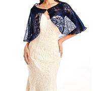 etole dentelle Châle de mariée de mariage dentelle transparente fleur broderie écharpe faux col fille en mousseline de soie perles Capelet robe de soirée de mariée châle(Deep blue)