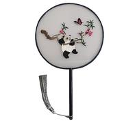 ETomey Éventail Rond Chinois, éventail à Main en Soie Vintage, éventail Rond à Main à Motif Panda Mignon, éventail à Main en Soie Semi-Transparent avec Nervure en Bois, Broderie Double Face