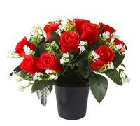 Etomvoop Fleur artificielle de tombe en pot, 12 têtes, roses de soie artificielles, fleur artificielle réaliste pour enterrement, motif floral pour mémoriaux, cimetière, Noël, décoration, avec vase