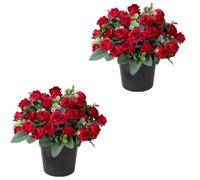 Etomvoop Lot de 2 fleurs artificielles en pot pour tombe - 22 têtes de roses en soie - Eucalypse - Pour cimetière - Décoration de la maison