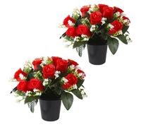 Etomvoop Lot de 2 fleurs funéraires en pot - 12 têtes de roses artificielles réalistes - Résistantes aux UV - Avec pots noirs - Pour décoration de la maison ou de Noël