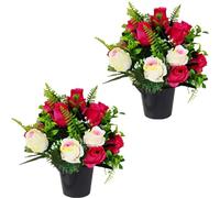 Etomvoop Lot de 2 pots de fleurs artificielles avec 18 têtes de roses en soie pour cimetière, bouquets floraux en plastique avec fougères pour décoration de tombe, Noël, décoration d'intérieur