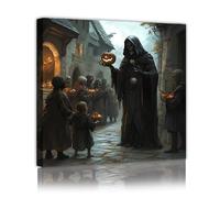 Étrange gothique Halloween toile murale Art mural Spooky Village Scène Impressions Encadré Oeuvre Fantasy Mystique Nuit Peint Images pour Bar Decor 95x95cm Cadre intérieur
