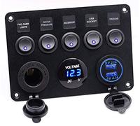 Etrogo 5 Gang Panneau de Interrupteur à Bascule on-Off avec Chargeur Double USB avec Imperméable Voltmètre Numérique avec Allume-Cigare pour Voiture Bateau Camion RV Camping-Car (Bleu)