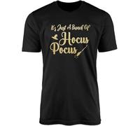 ETTUWSDFV It's Just A Bunch of Hocus Pocus T-Shirt - Movie Film Fan Inspired Sanderson Sisters Black & Gold Witches Halloween Hat Broom Saying Quote Gift Present Manches Courtes(X-Large)