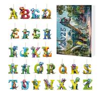 ETUCYNG Calendrier de compte à rebours - Calendrier de décembre, ensemble d'ornements avec 24 boîtes sur le thème de l'alphabet et des dinosaures en acrylique 2D pour les vacances, garçons, hommes