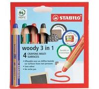 STABILO Crayon multi-surfaces lisses Woody 3in1 Étui 4 crayons + taille-crayon + chiffonnette