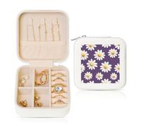 Étui à bijoux de voyage en cuir synthétique avec marguerites blanches sur violet pour bagues, boucles d'oreilles, pendentifs, colliers pour filles et femmes