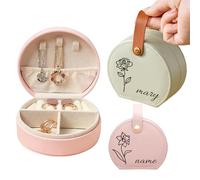 Étui à bijoux de voyage personnalisé avec nom et fleur de naissance, boîte de rangement de bijoux en cuir synthétique pour femme, rangement compact pour bagues, colliers, boucles d'oreilles, cadeau