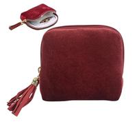 Étui à bijoux de voyage, petite pochette à bijoux de voyage luxueuse en velours bordeaux 6 couches avec pompon, organisateur portable fermeture éclair pour femmes et filles, organisateur, étui, m
